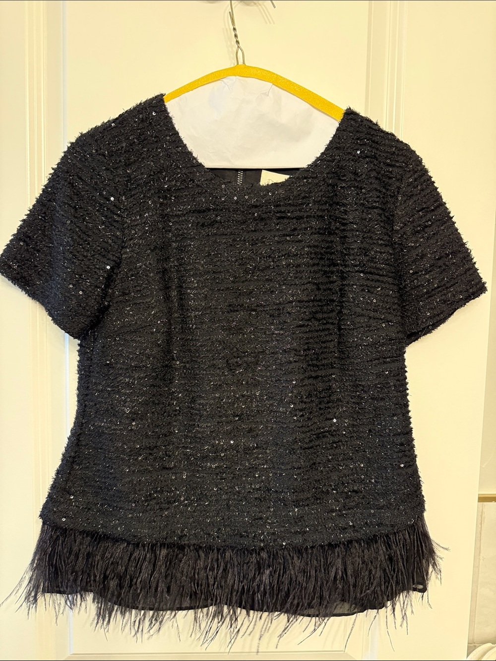 Deletta Black Sequin Feather-Hem Short Sleeve Top